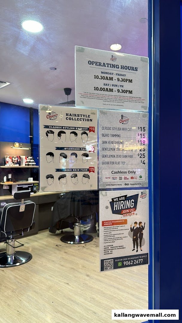 The shop front of Clippers Barber, displaying services, prices, and operating hours.