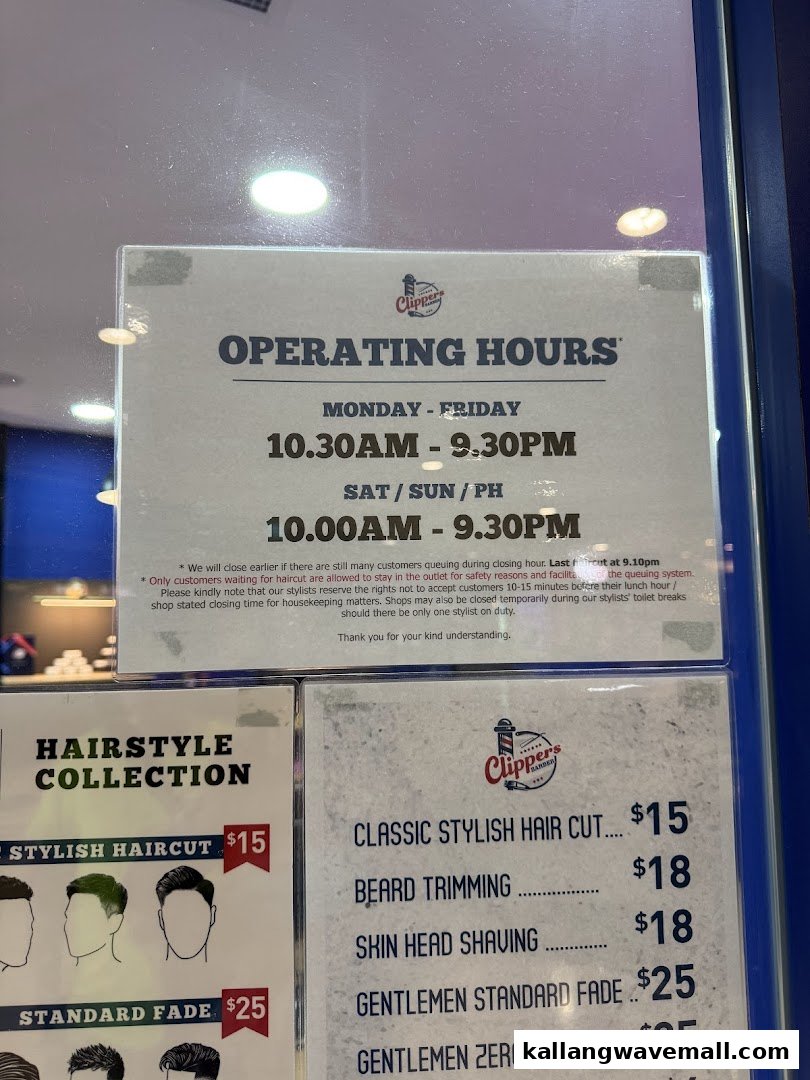 Operating hours and service price list for Clippers Barber.