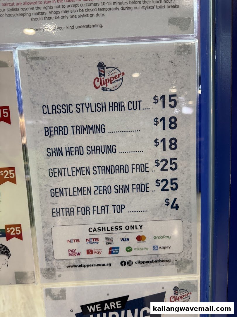 A price list for hair and beard services at Clippers Barber, including payment options.