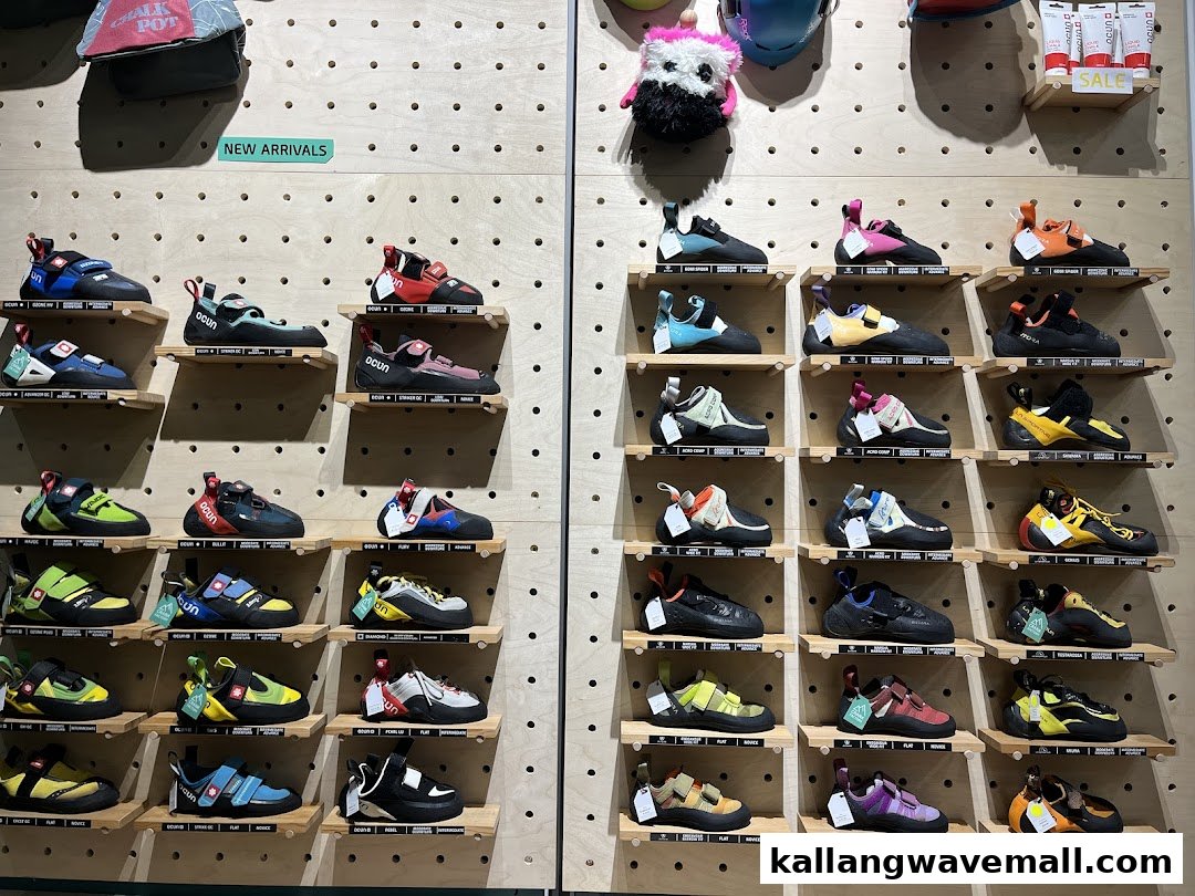 A vibrant display of various climbing shoes and gear on a wooden pegboard wall.