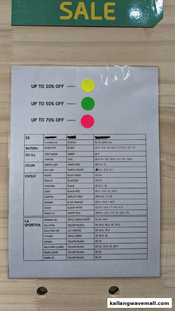 A detailed sale list for climbing shoes, showing models, colors, sizes, and discount tiers.