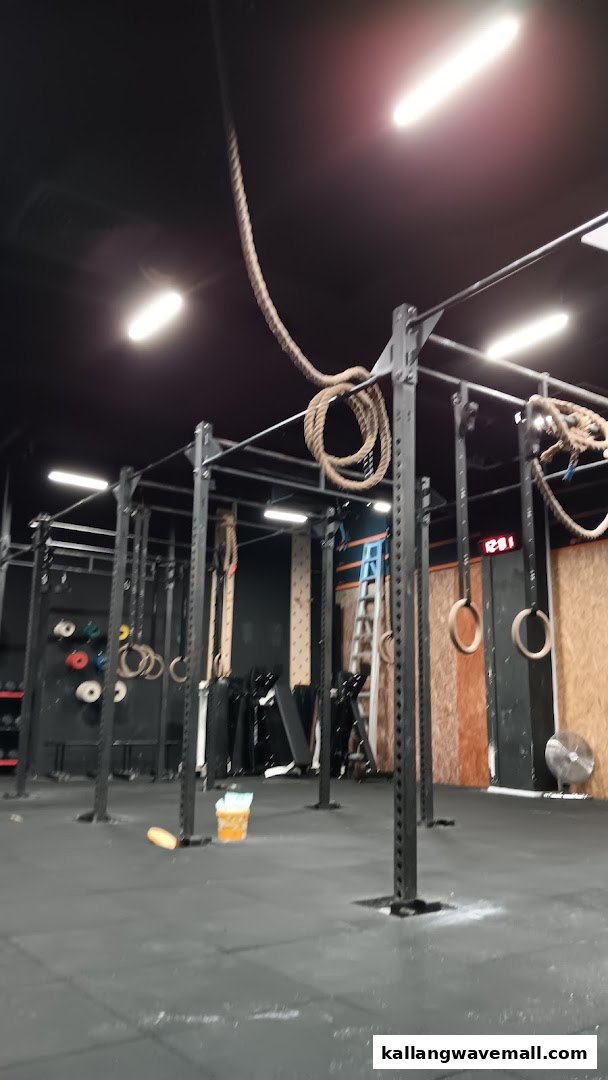 Interior view of a CrossFit gym featuring training rigs, climbing ropes, and gymnastic rings.