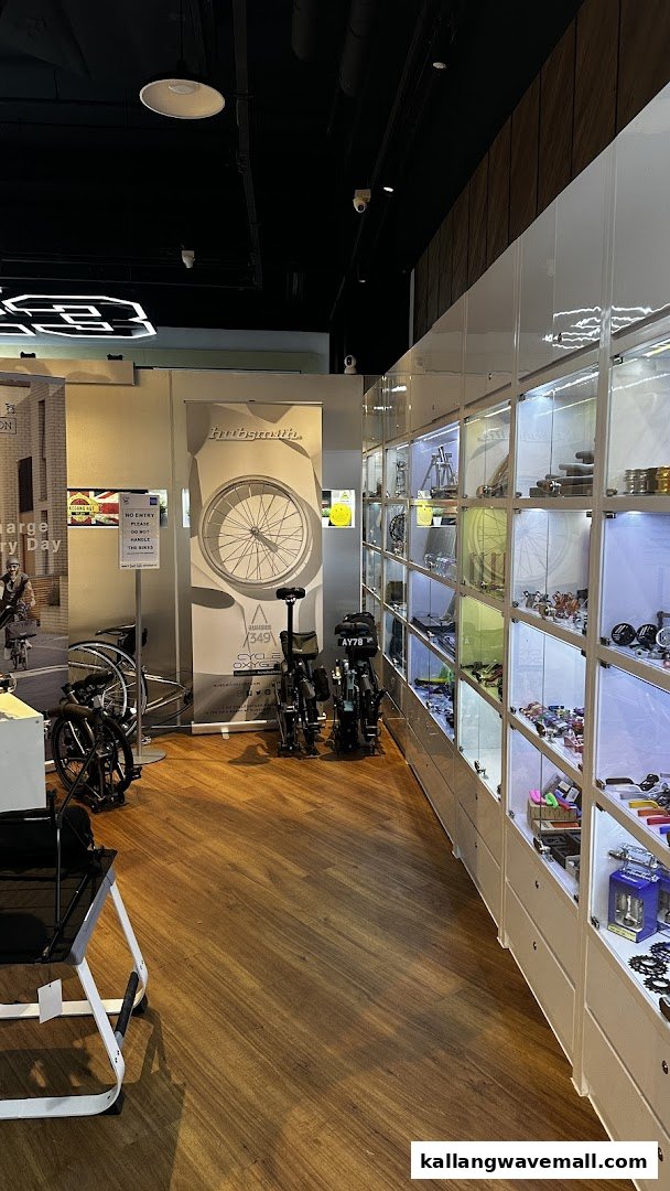 Interior view of CycleOxygen, showcasing folding bikes, bicycle parts in display cases, and promotional banners.
