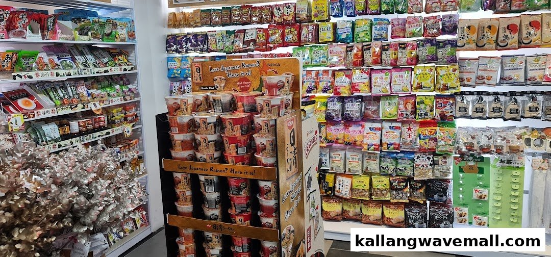 Interior view of Daiso, showcasing shelves filled with a wide variety of Japanese snacks, instant ramen, and food items.