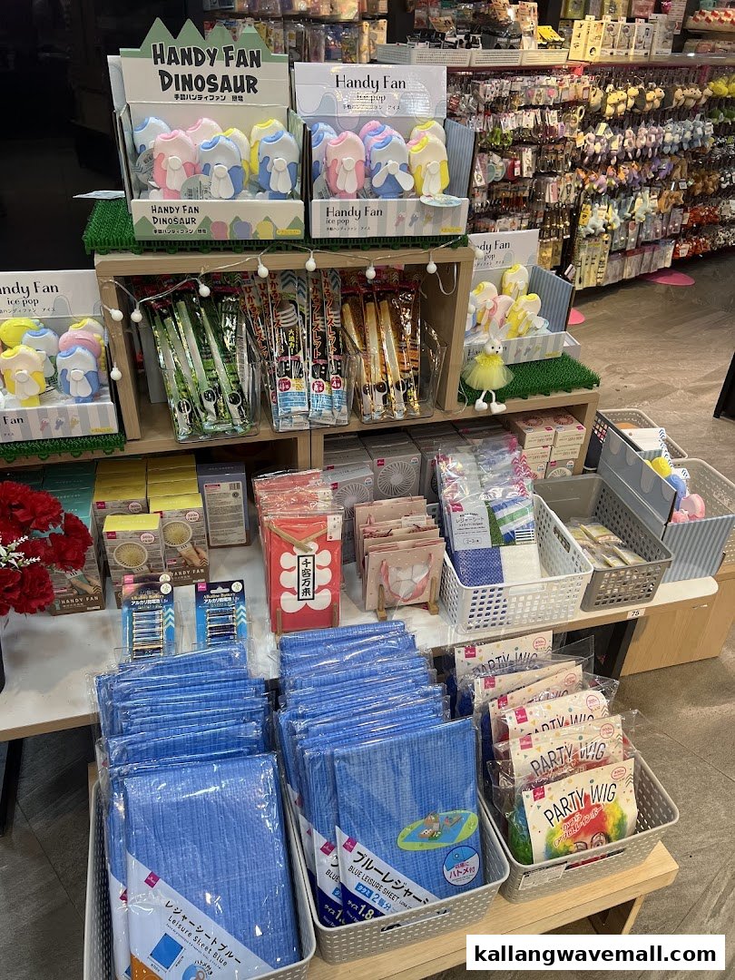 A vibrant display of diverse products including fans, leisure sheets, and party wigs inside a Daiso store.