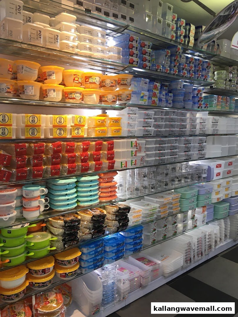 Shelves filled with a wide variety of plastic storage containers, kitchenware, and household items.