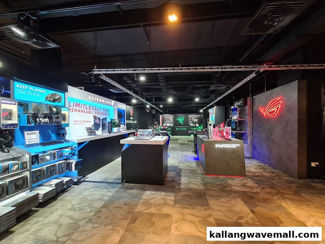 An interior view of the Esports Experience Center showcasing various gaming products and brand displays.