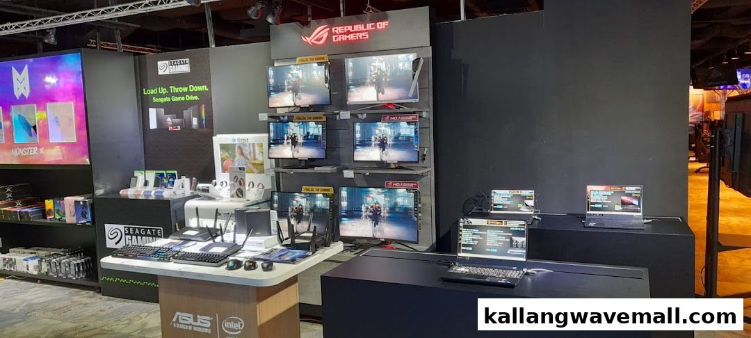 Interior view of Esports Experience Center displaying gaming monitors, laptops, and accessories from ASUS ROG and Seagate.