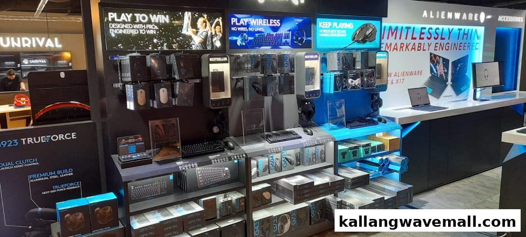 An interior view of an esports retail store showcasing gaming peripherals, computers, and accessories on modern displays.