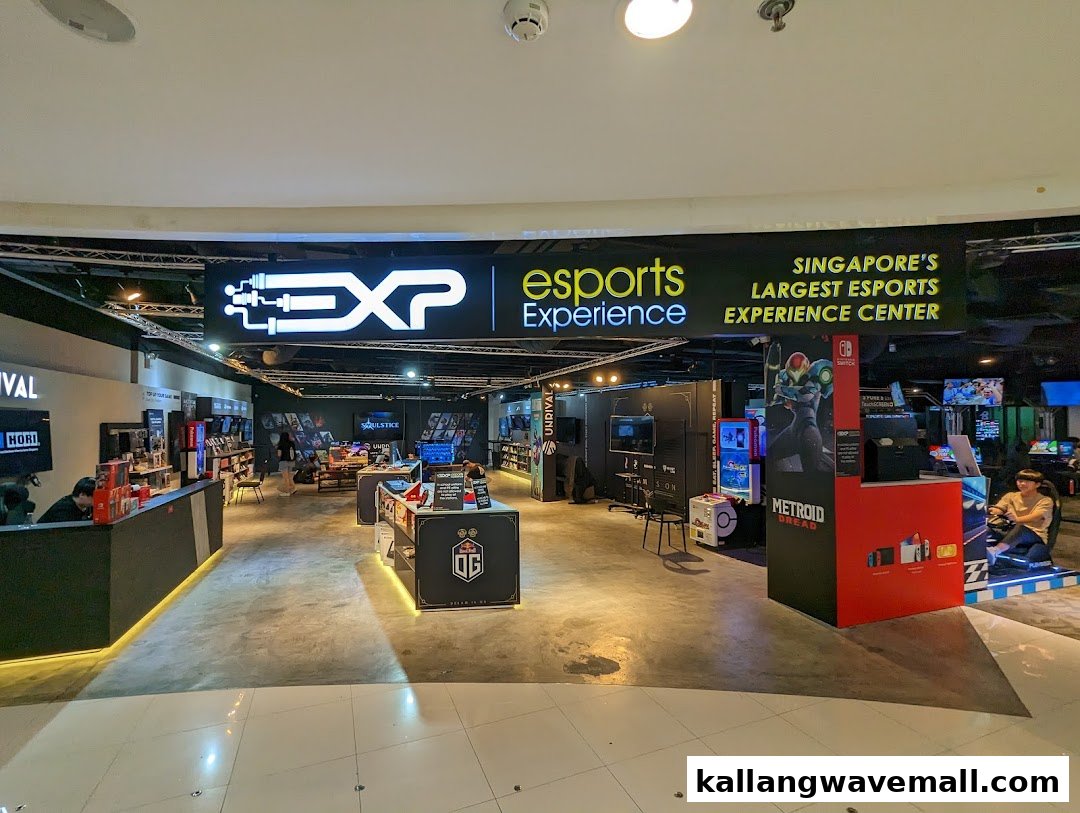 An expansive esports experience center with gaming stations, merchandise, and interactive displays.