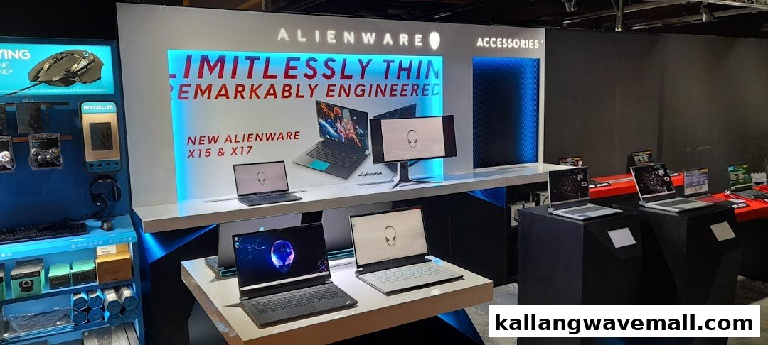 An interior view of the Esports Experience Center showcasing Alienware gaming laptops, monitors, and accessories on display.
