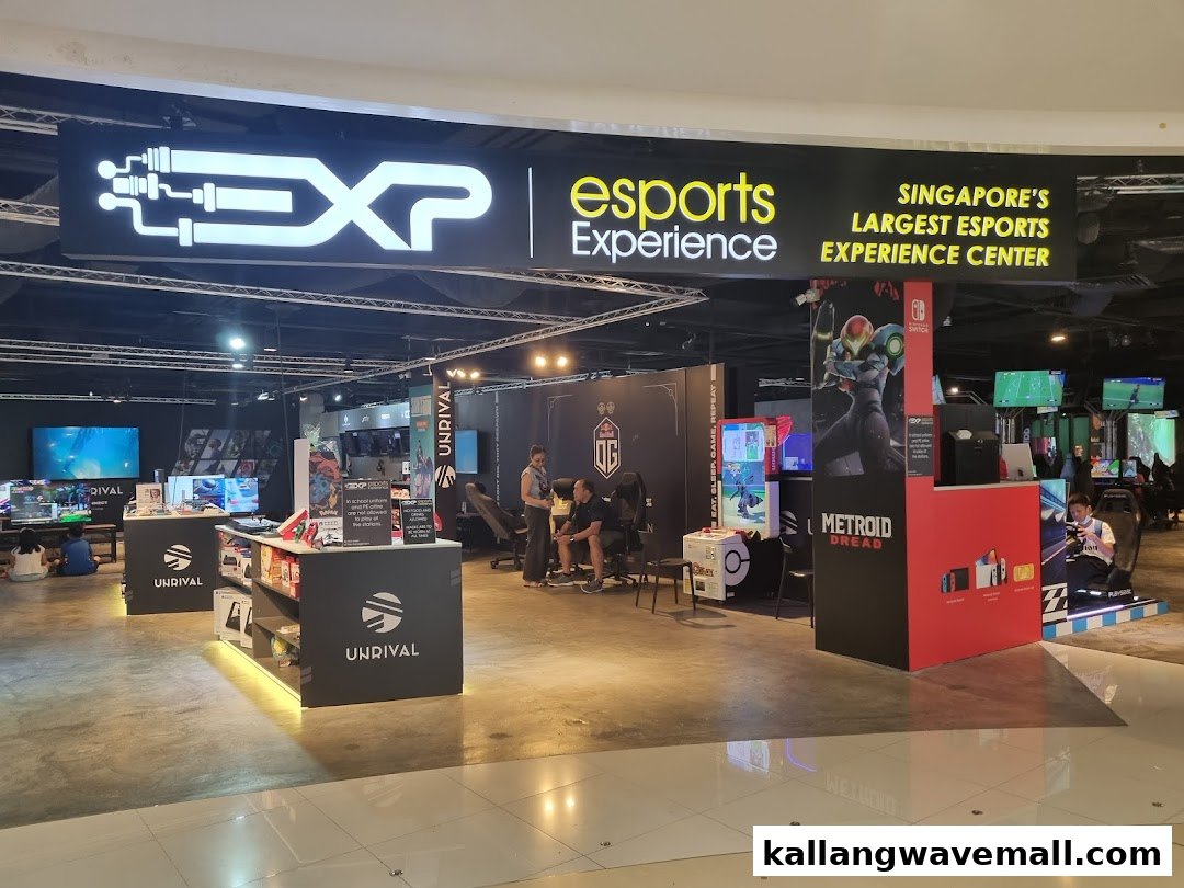 A vibrant esports experience center entrance showcasing gaming stations, merchandise, and interactive displays.
