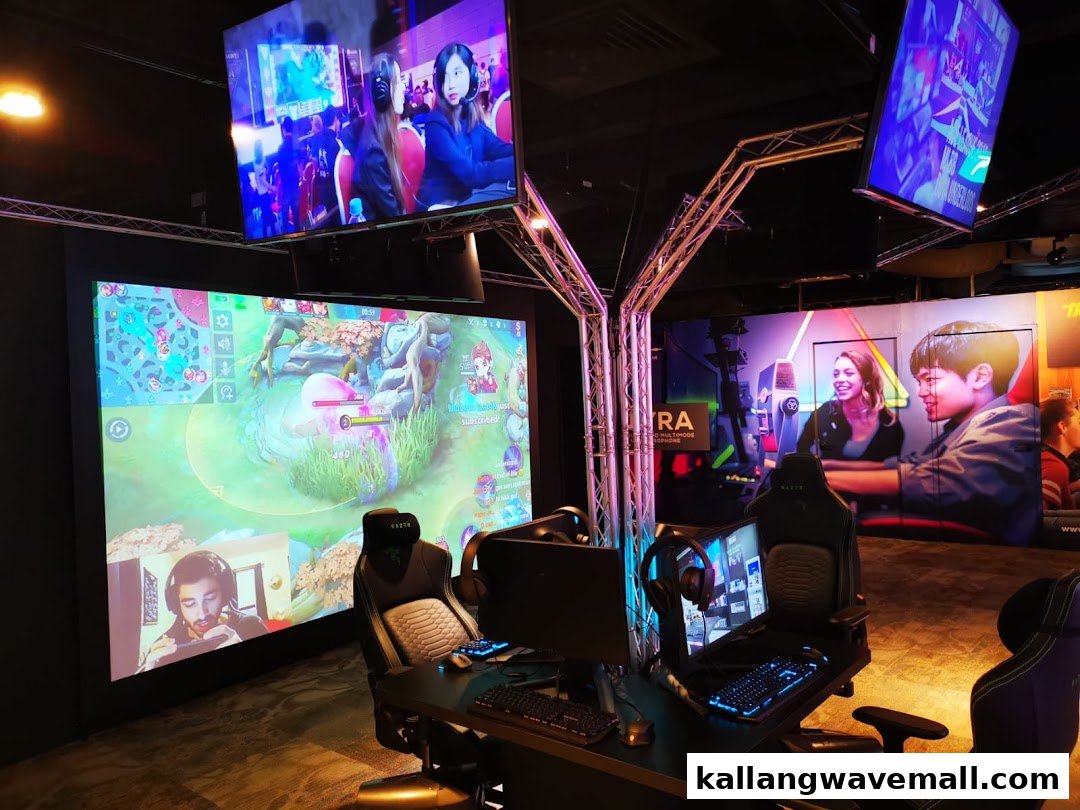 An esports gaming center with multiple screens, high-end gaming chairs, and setups for immersive play.