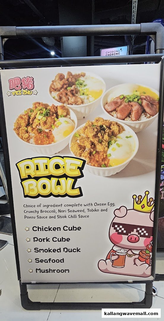A promotional stand showcasing various customizable rice bowls with different protein options.