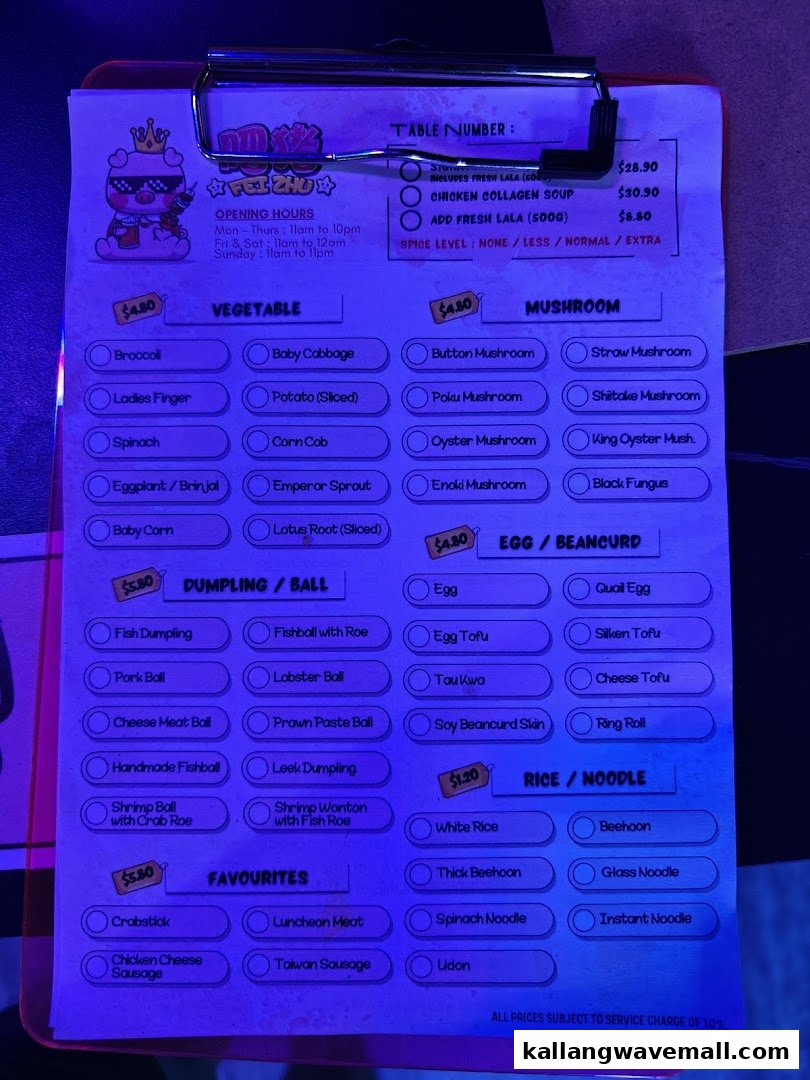 A detailed menu from Fei Zhu Lok Lok Claypot Lala Hotpot Restaurant, featuring various hotpot ingredients and pricing.