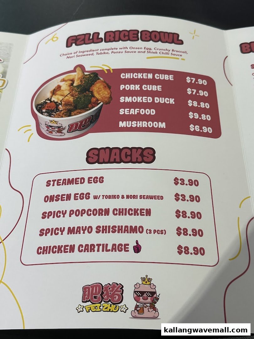 A page from Fei Zhu's menu showcasing their FZLL Rice Bowls and various snack options with prices.