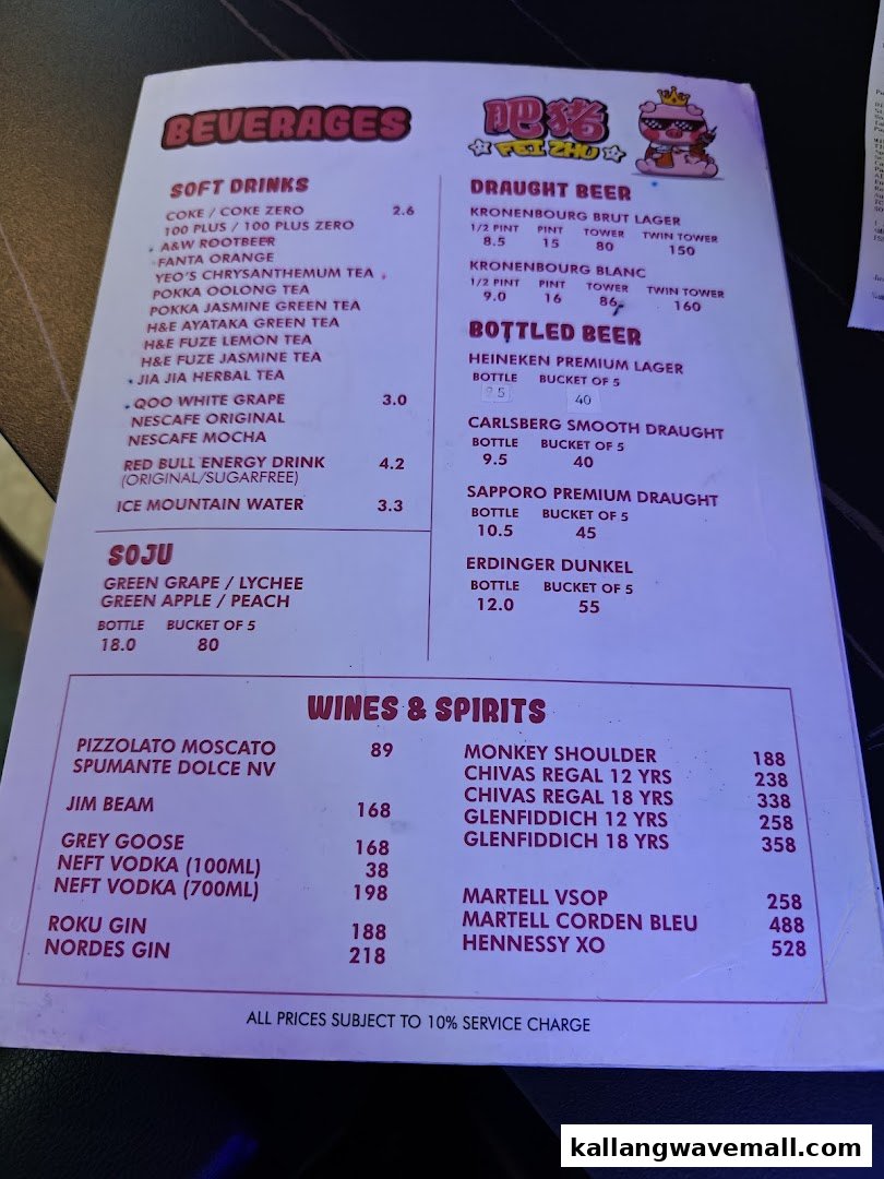 A detailed menu displaying beverages, draught beer, bottled beer, soju, wines, and spirits with prices.