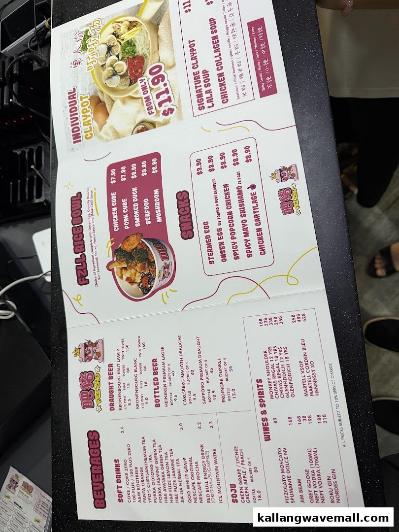 A detailed menu displaying various food and beverage options, including claypot, rice bowls, snacks, and drinks.