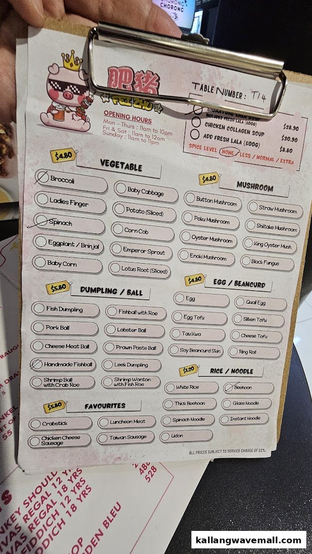 A close-up view of a hotpot restaurant's customizable menu on a clipboard, showing various ingredients and prices.