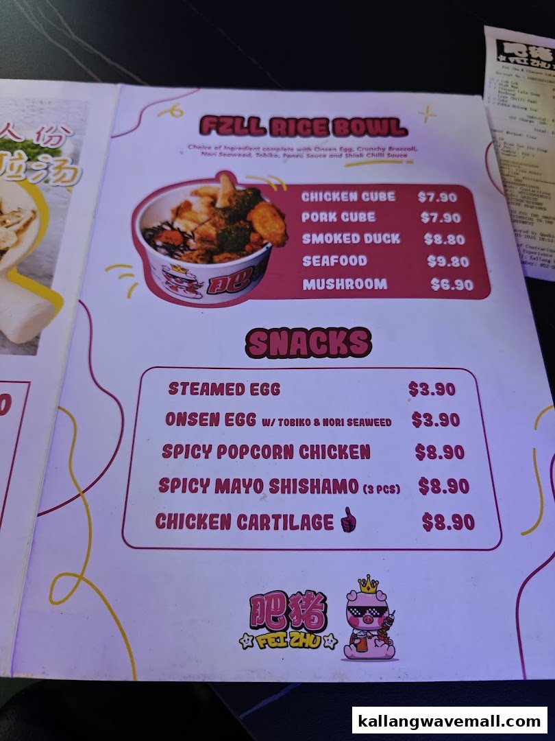 A vibrant menu displaying rice bowls and snack options with prices at Fei Zhu Lok Lok.