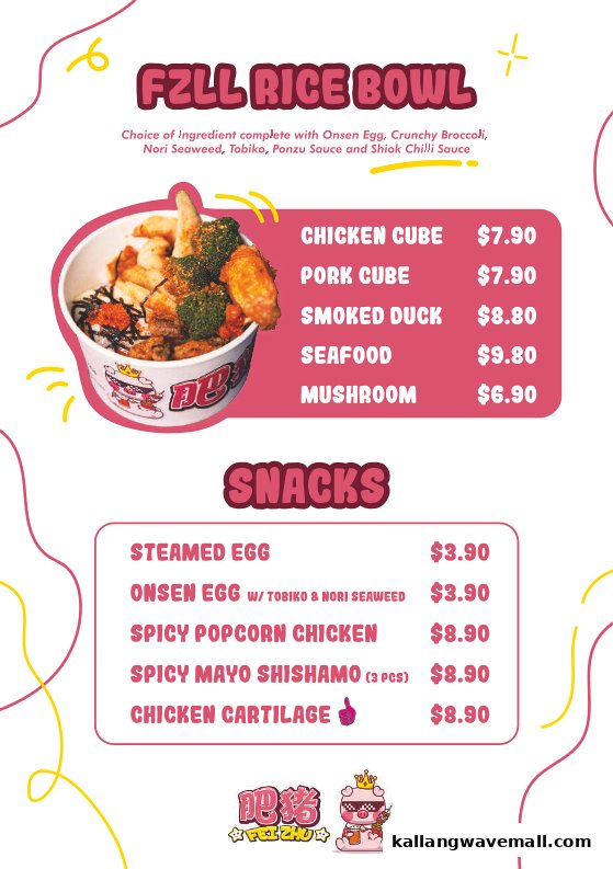 A vibrant menu displaying Fei Zhu Lok Lok's FZLL Rice Bowls and Snacks with prices.
