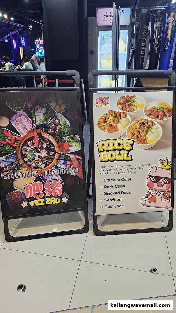 Two A-frame signs showcasing Signature Lala Hotpot and various Rice Bowl options for a restaurant.
