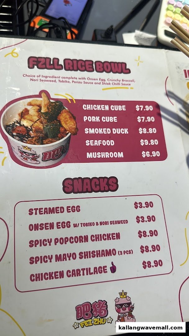 A detailed menu displaying rice bowls and snack options with prices from Fei Zhu.