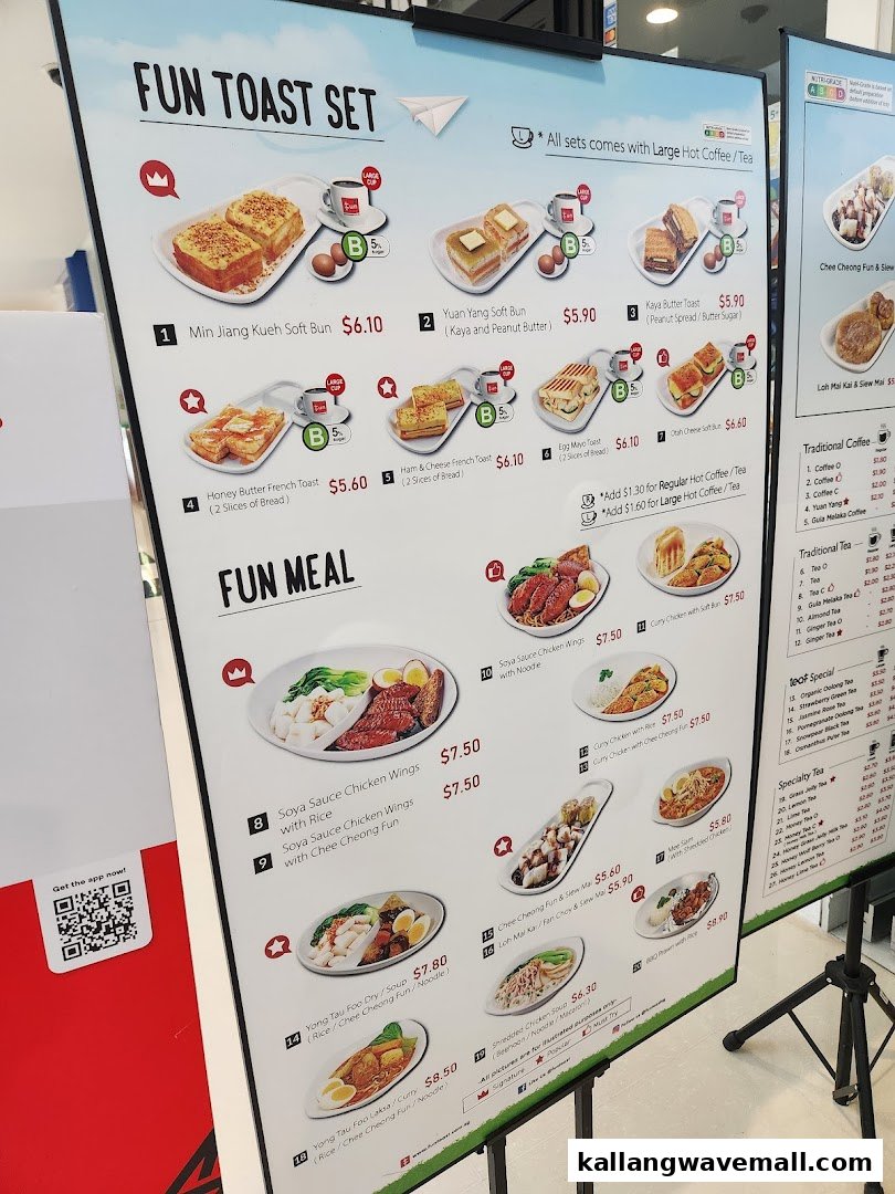 A detailed menu board for Fun Toast, showcasing toast sets, fun meals, and various beverages.