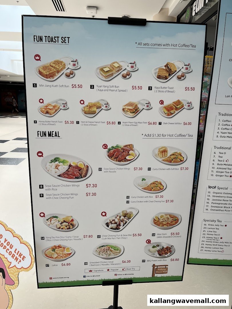 A detailed menu board for Fun Toast, showcasing various toast sets, local meals, and beverages.
