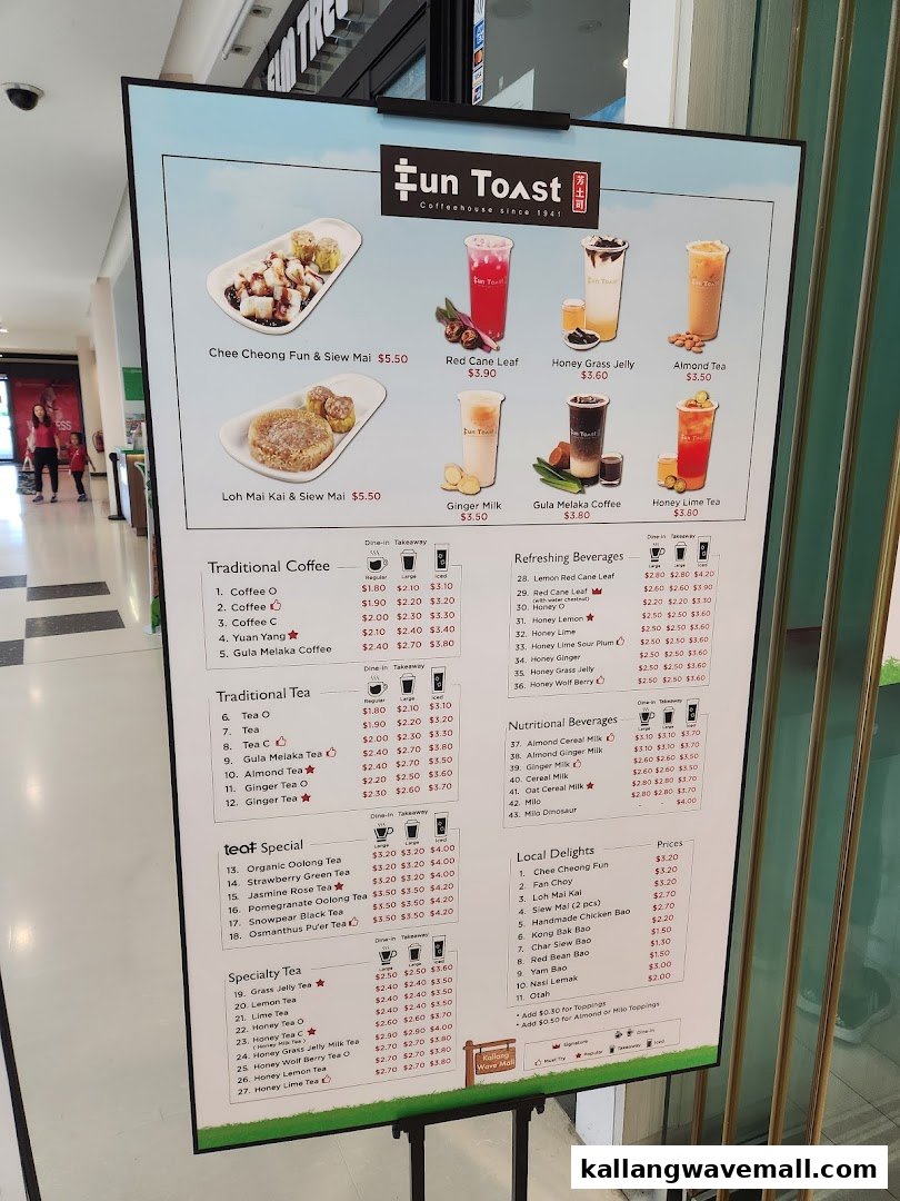 A detailed menu board for Fun Toast, showcasing their coffee, tea, beverages, and local delights with prices.