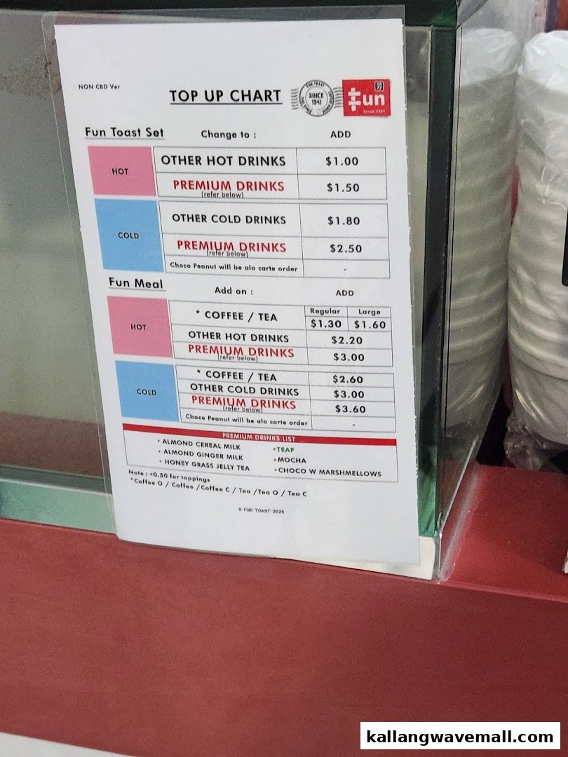 A detailed 'Top Up Chart' menu displaying drink add-on prices for Fun Toast sets and meals.