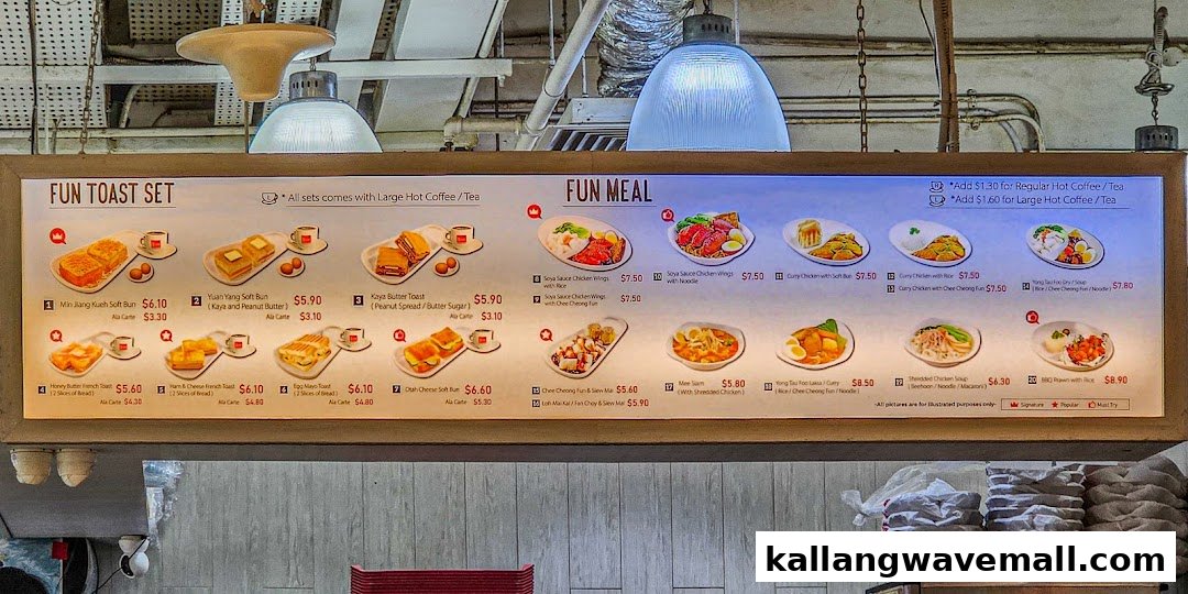 A brightly lit digital menu board displaying breakfast sets and main meals from Fun Toast.