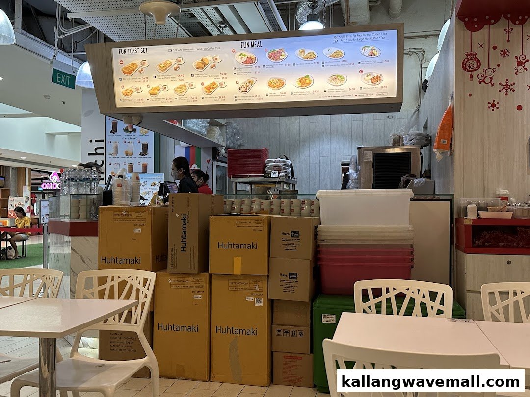 A clear view of Fun Toast's extensive menu board, counter, and seating area.