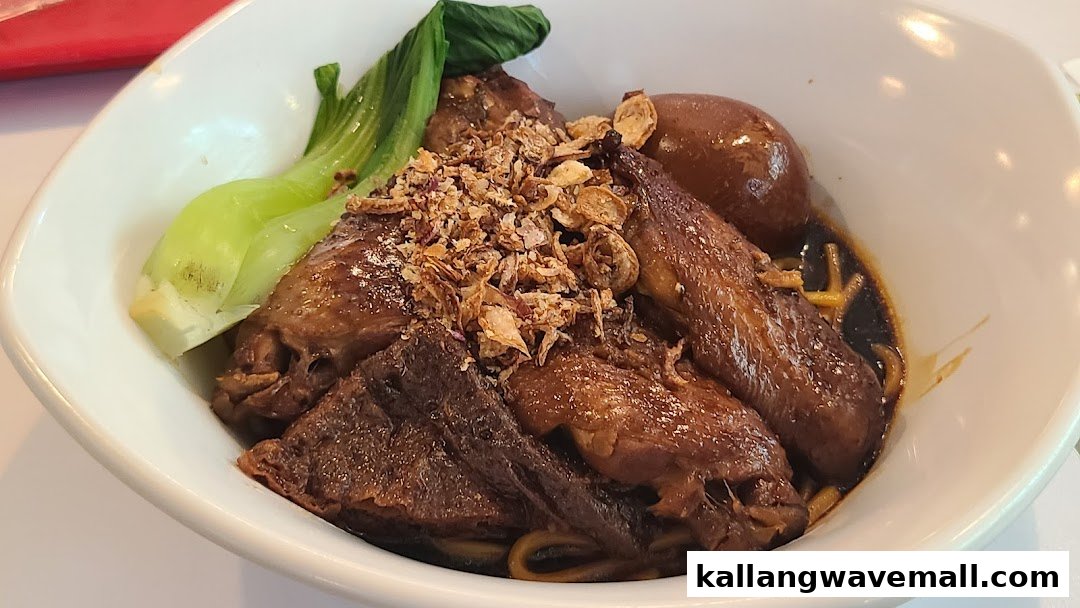 A close-up of a hearty bowl of braised duck or chicken with noodles, egg, bok choy, and fried shallots.