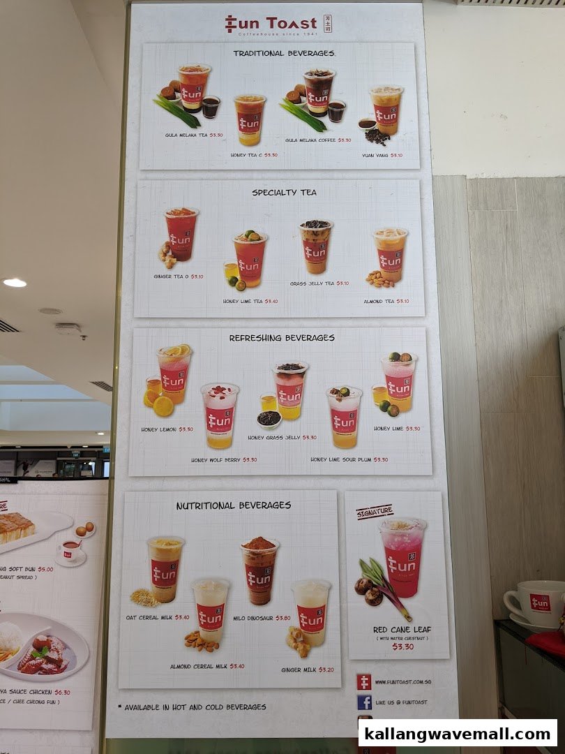 A detailed menu board for Fun Toast, showcasing a variety of beverages with prices and categories.