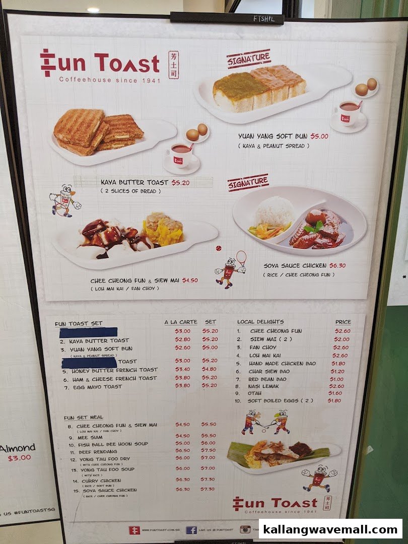 A detailed menu board for Fun Toast, showcasing signature toasts, local delights, and set meals with prices.