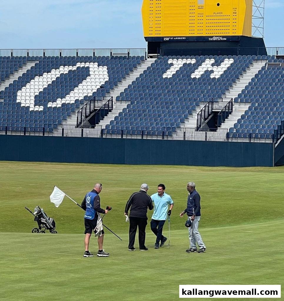 Golfers on a green with a large stadium and scoreboard, likely at a major tournament.