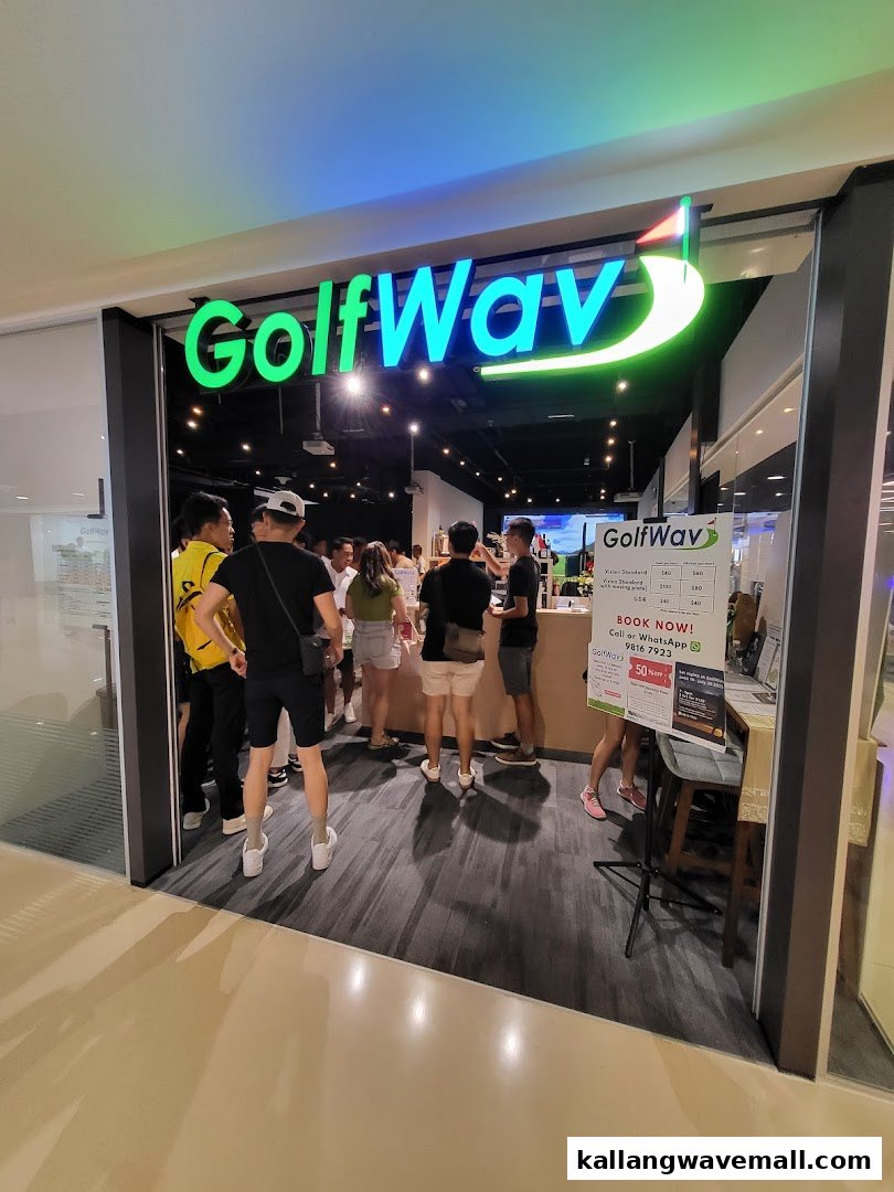 The GolfWav shop entrance with its vibrant sign and customers inside.
