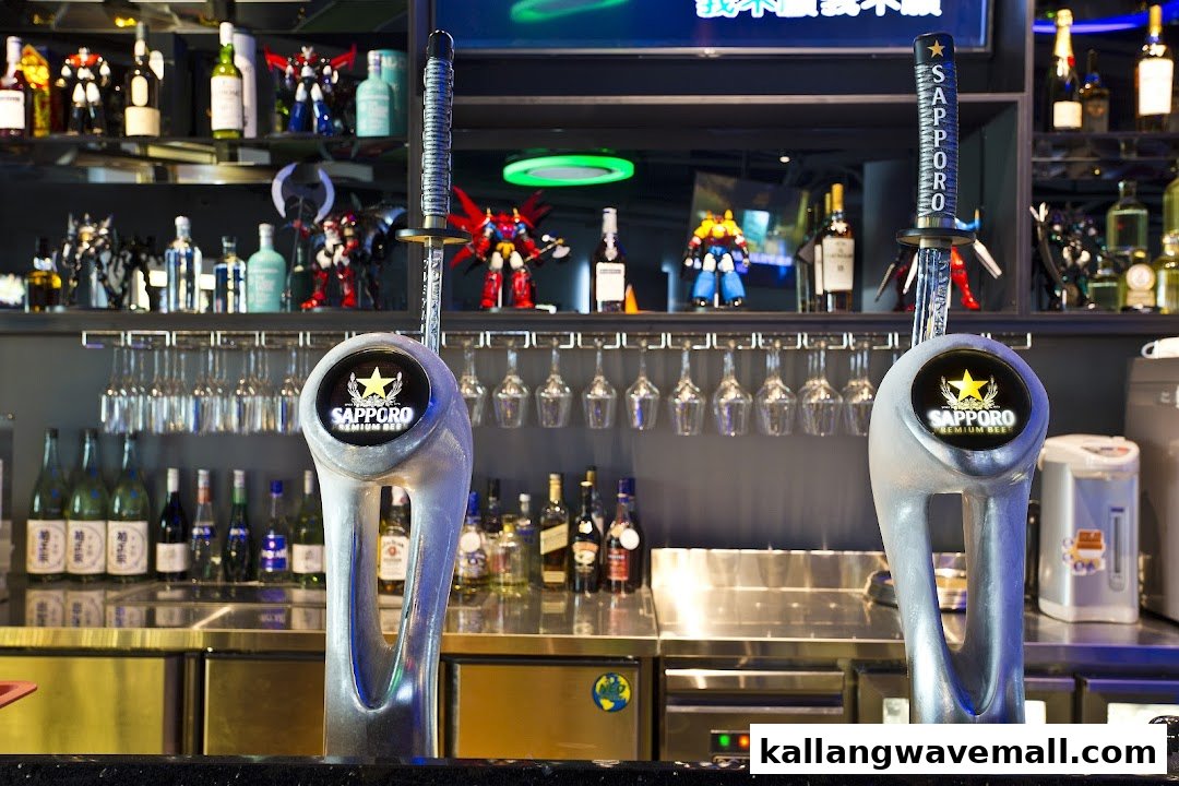 A vibrant bar counter featuring unique sword-handle Sapporo beer taps, liquor bottles, and anime robot figures.