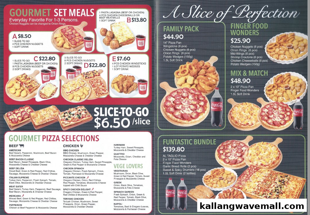 A comprehensive menu displaying various pizza selections, set meals, and family bundles.