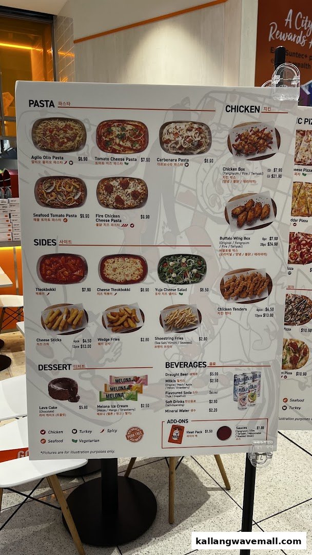 A detailed menu board displaying pasta, chicken, sides, desserts, and beverages with prices.