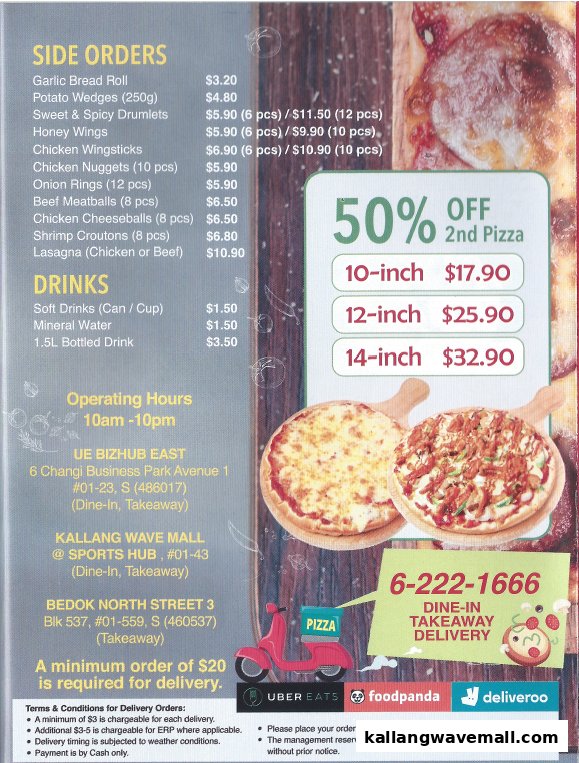 A comprehensive menu for Gourmet Pizza To Go, featuring pizza deals, side orders, drinks, and delivery details.