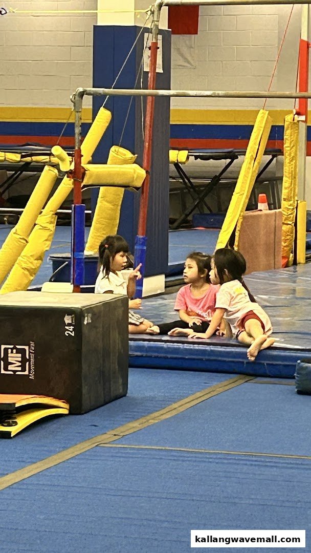 Three young children sit on a blue mat in a gymnastics facility, surrounded by equipment.
