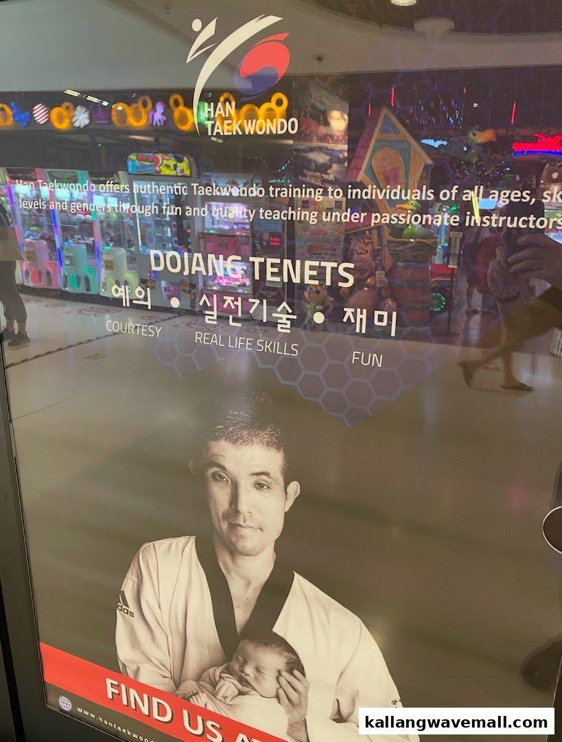 A promotional poster for HAN Taekwondo, featuring training details and a man holding a baby.