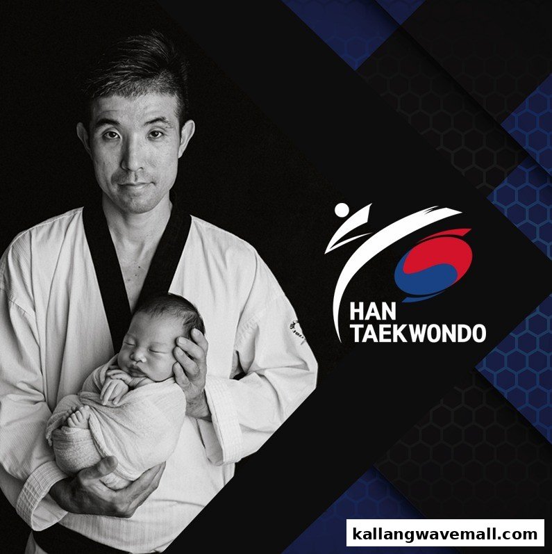 A man in a taekwondo uniform holding a baby, alongside the HAN Taekwondo logo.