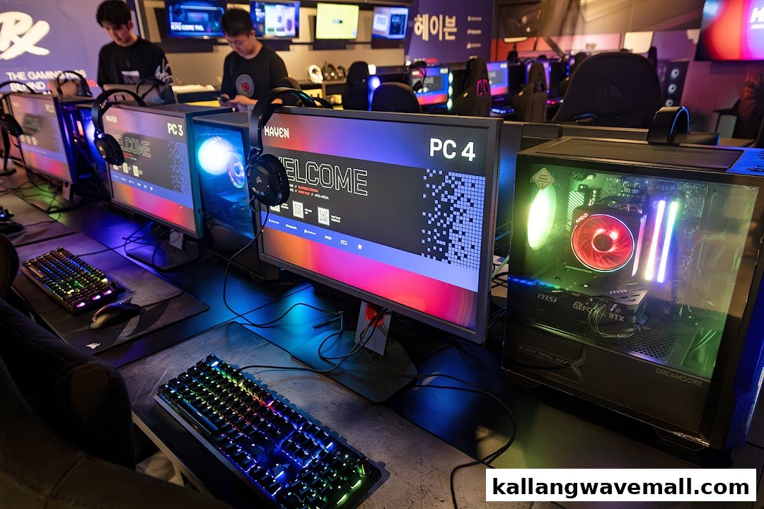 Vibrant gaming setups with glowing keyboards and high-performance PCs at a modern esports LAN cafe.