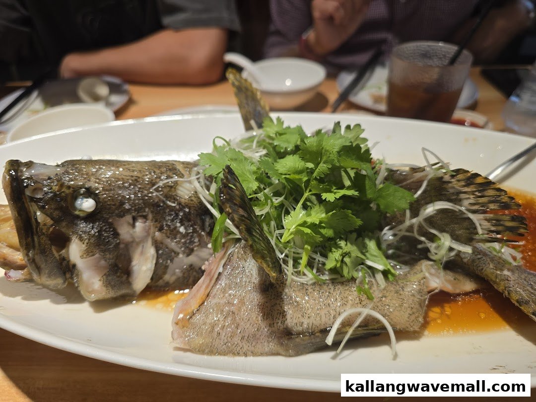 A beautifully presented steamed whole fish garnished with fresh cilantro and scallions on a white platter.