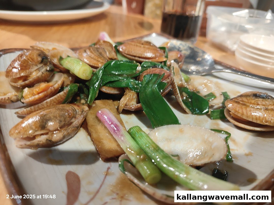 A close-up of a plate of stir-fried clams with green onions and a savory sauce.