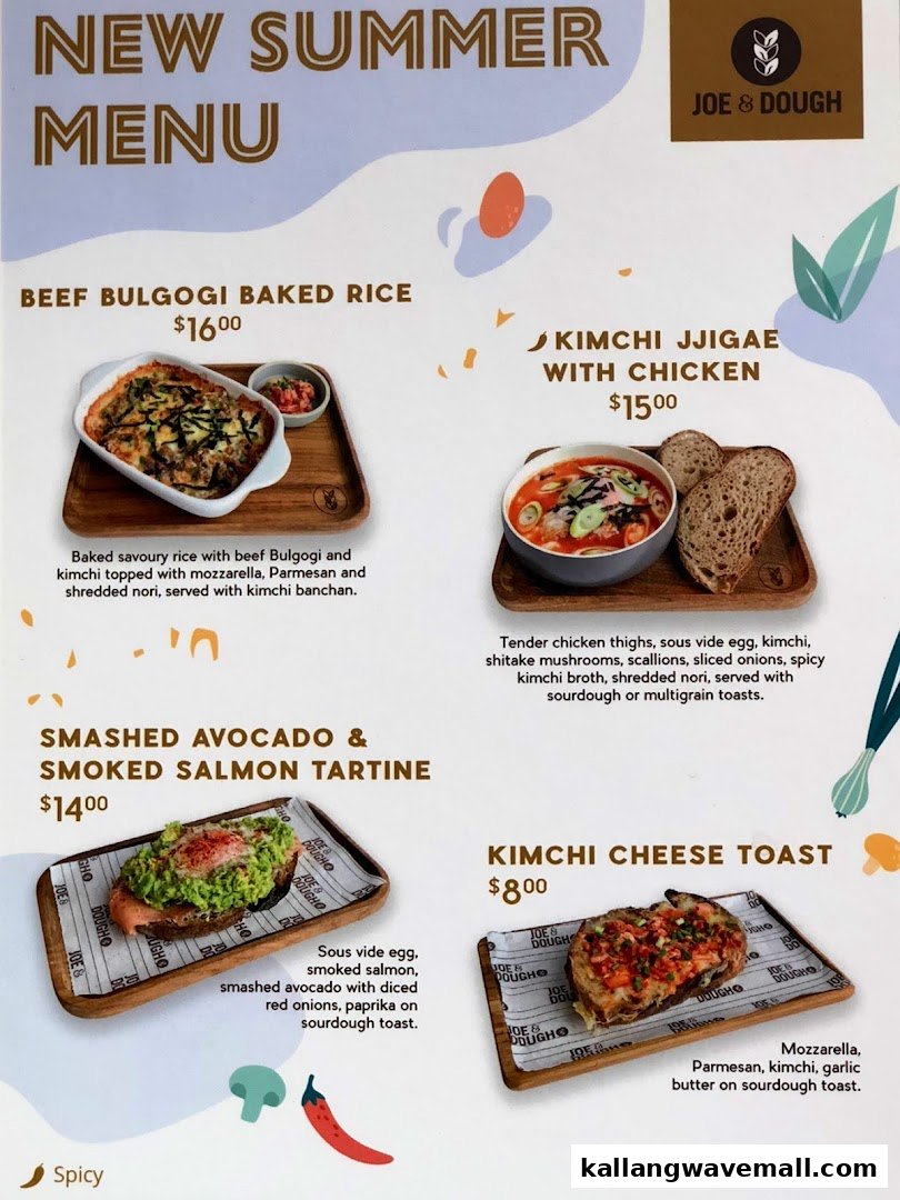 A vibrant menu showcasing Joe & Dough's new summer dishes with appealing food photography.