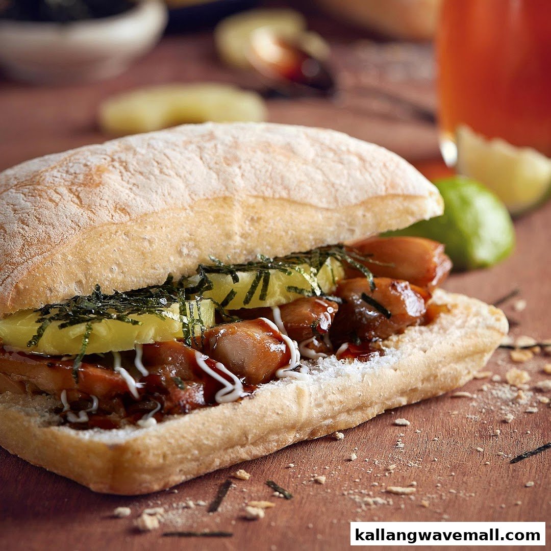 A close-up of a delicious sandwich featuring chicken, pineapple, and seaweed on a rustic wooden surface.